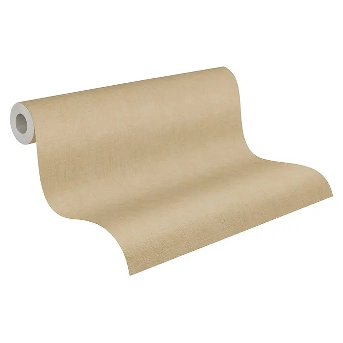 A.S. Création Cuba 2 Vliestapete Uni - Braun, Uni, 10,05 x 0,53 m - Eine Rolle beigefarbene, strukturierte Tapete, teilweise abgerollt.