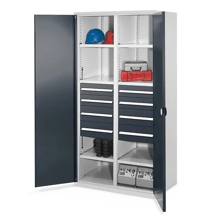 Kappes Metall-Mehrzweckschrank Schwerlastschränke mit Mitteltrennwand 1950x1000x600mm Doppelwandtüren Mo - 60 cm x 1.000 cm x 1,95 m, Anthrazitgrau - Metallschrank mit hellgrauem Korpus und dunkelgrauen Türen und Schubladen, mit Ablagen für industrielle Lagerung.
