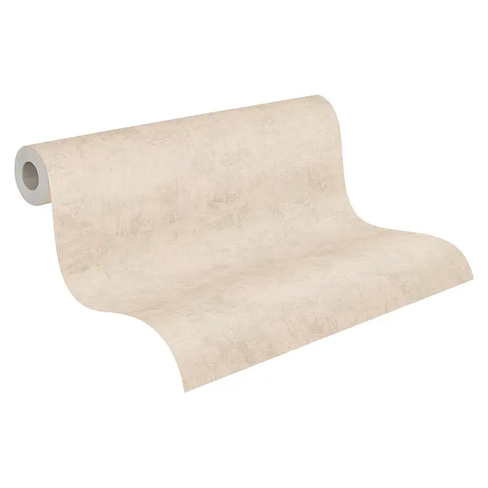 A.S. Création Nordic Feeling Vliestapete Uni - Beige-Rosa, Uni, 10,05 x 0,53 m - Eine Rolle hellbeiger, strukturierter Tapete, die sich entrollt.