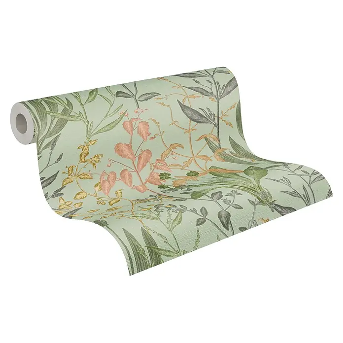 A.S. Création Metropolitan Stories Vibes & Styles Vliestapete Gräser - Grün-Grau, Floral, 10,05 x 0,53 m - Tapetenrolle mit botanischem Muster, hellgrünem Hintergrund und Blättern in Grün, Gold, Grau und Pfirsich.