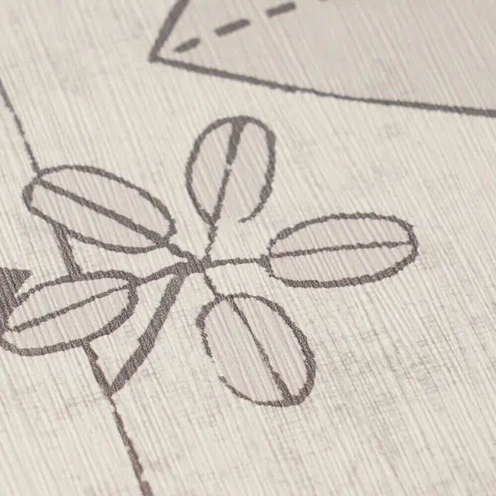 A.S. Création Nordic Feeling Vliestapete Blätter II - Grau, Floral, 10,05 x 0,53 m - Nahaufnahme einer hellbeigen strukturierten Oberfläche mit dunkelgrauem abstrakten Blumenmuster.