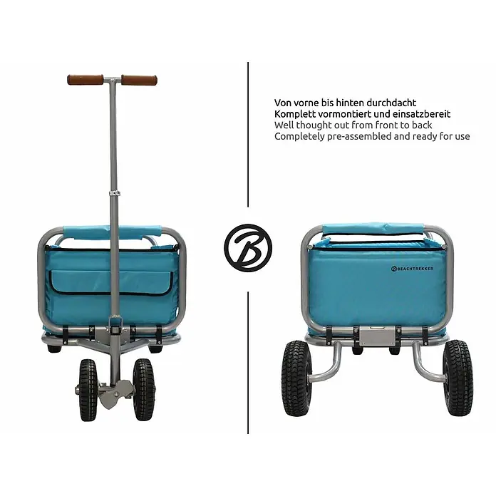 Beachtrekker Bollerwagen faltbarer Bollerwagen Life mit integrierter Feststellbremse Himmelblau und - Kunststoff - Türkiser Strandwagen mit großen Rädern und ausziehbarem Griff, von vorne und hinten gezeigt.