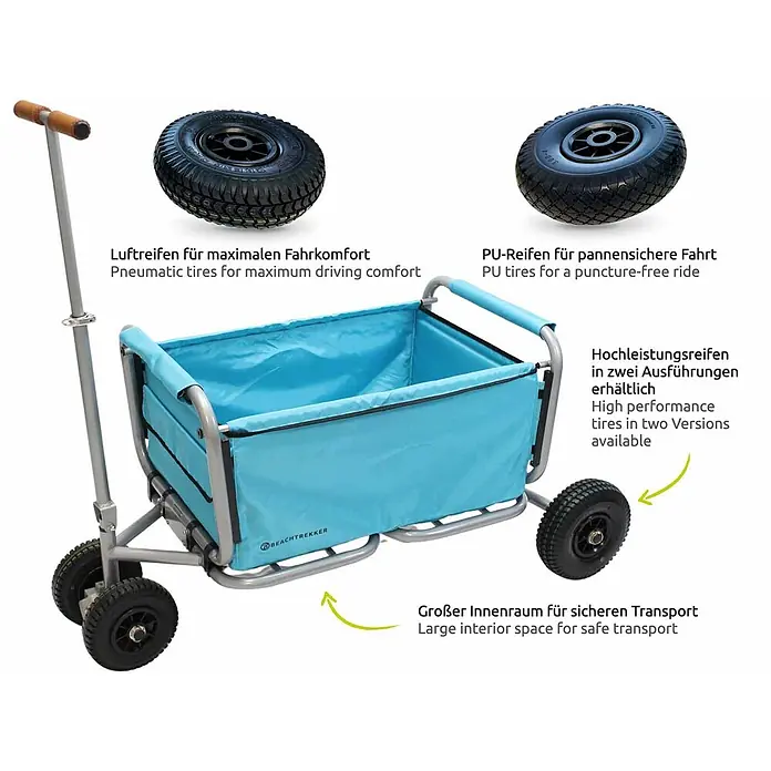 Beachtrekker Bollerwagen faltbarer Bollerwagen Life mit integrierter Feststellbremse Himmelblau und - Kunststoff - Blauer Faltwagen mit grauem Rahmen, zeigt zwei Reifenoptionen (Luft, pannensicheres PU) und seinen großen Innenraum.