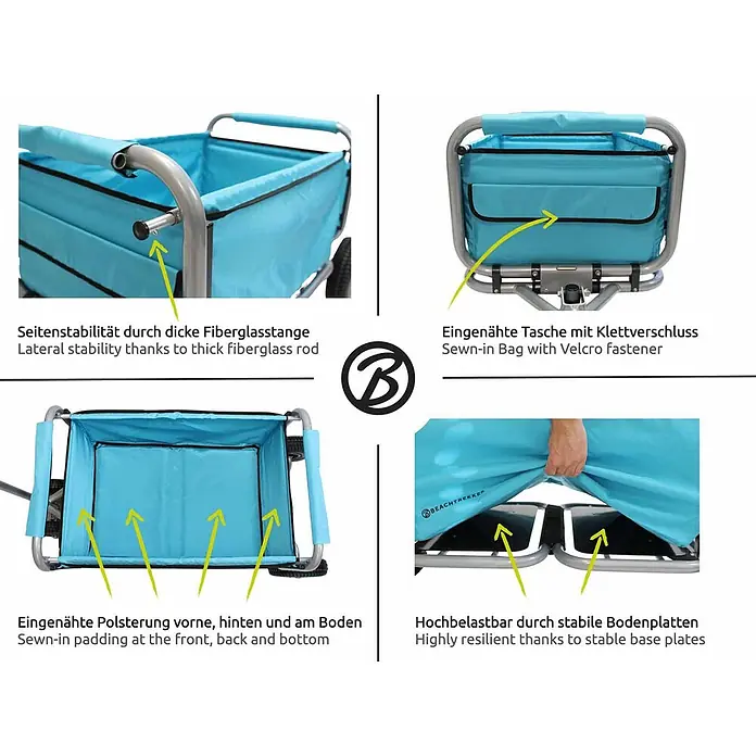 Beachtrekker Bollerwagen faltbarer Bollerwagen Life mit integrierter Feststellbremse Himmelblau und - Kunststoff - Hellblauer faltbarer Strandwagen mit Innenpolsterung, genähter Tasche und stabilen Bodenplatten.