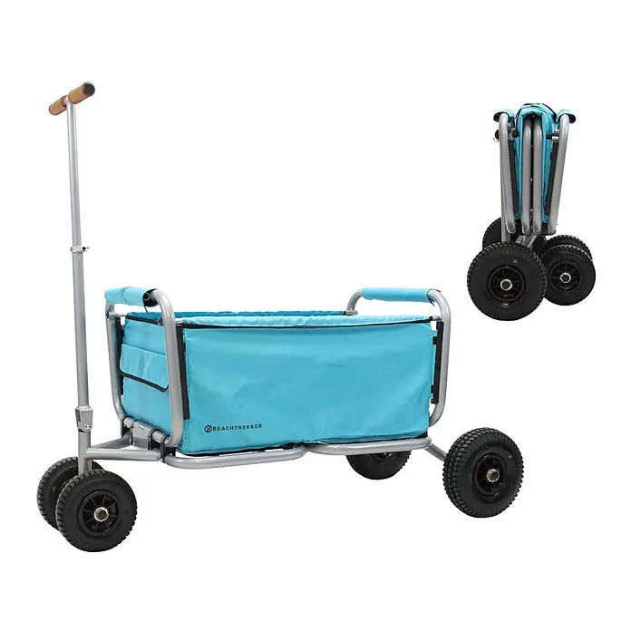Beachtrekker Bollerwagen faltbarer Bollerwagen Life mit integrierter Feststellbremse Himmelblau und - Kunststoff - Blauer faltbarer Strandwagen mit großen Rädern, geöffnet und zusammengeklappt dargestellt.