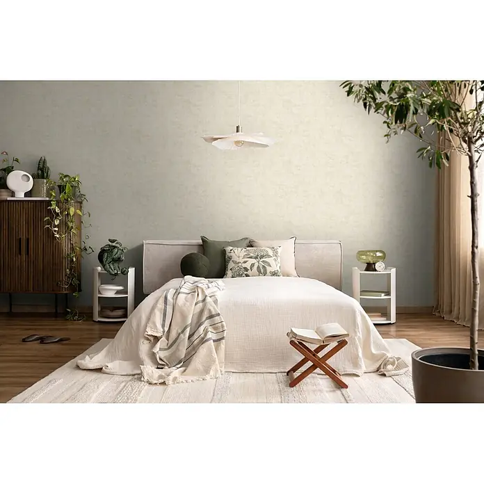 A.S. Création Nordic Feeling Vliestapete Uni I - Beige-Weiß, Uni, 10,05 x 0,53 m - Helle, dezent strukturierte Tapete, die ein ruhiges Ambiente in einem modernen Schlafzimmer schafft.
