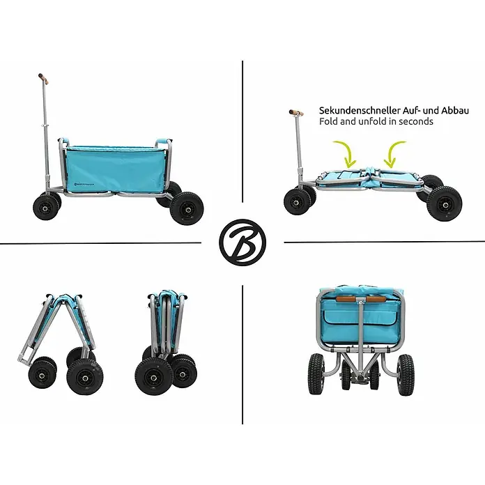Beachtrekker Bollerwagen faltbarer Bollerwagen Life mit integrierter Feststellbremse Himmelblau und - Kunststoff - Türkiser Faltbollerwagen mit grauem Rahmen und schwarzen Rädern, offen und kompakt zusammengefaltet gezeigt.