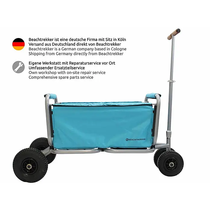 Beachtrekker Bollerwagen faltbarer Bollerwagen Life mit integrierter Feststellbremse Himmelblau und - Kunststoff - Blauer Strandwagen mit silbernem Rahmen, großen Rädern und Zuggriff, bereit für den Transport.