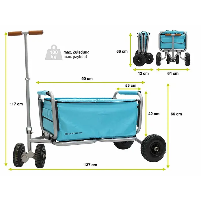 Beachtrekker Bollerwagen faltbarer Bollerwagen Life mit integrierter Feststellbremse Himmelblau und - Kunststoff - Türkis-grauer, faltbarer Bollerwagen, Maße für aufgeklappten und zusammengeklappten Zustand sind abgebildet.