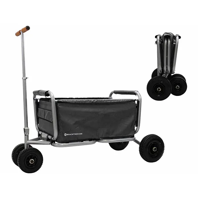 Beachtrekker Bollerwagen faltbarer Bollerwagen Life mit integrierter Feststellbremse Schwarz und Luf - Kunststoff - Grauer faltbarer Strandwagen mit dunkelgrauem Stofffach, schwarzen Rädern und ausziehbarem Griff; offen und kompakt gefaltet gezeigt.