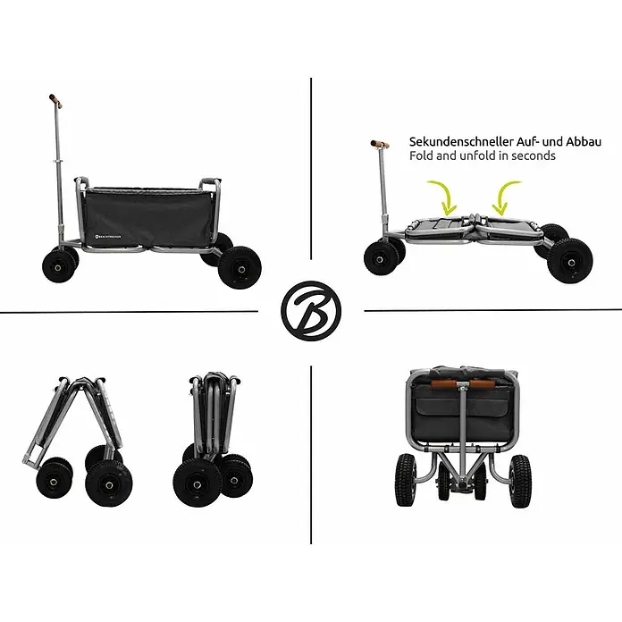 Beachtrekker Bollerwagen faltbarer Bollerwagen Life mit integrierter Feststellbremse Schwarz und Luf - Kunststoff - Grauer Faltwagen mit schwarzem Stoff und Rädern, der sein schnelles Zusammenklappen und seine kompakte Lagerung demonstriert.