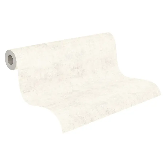 A.S. Création Nordic Feeling Vliestapete Uni - Creme-Grau, Uni, 10,05 x 0,53 m - Rolle hellbeiger strukturierter Tapete, die sich entrollt und ihre Oberfläche zeigt.