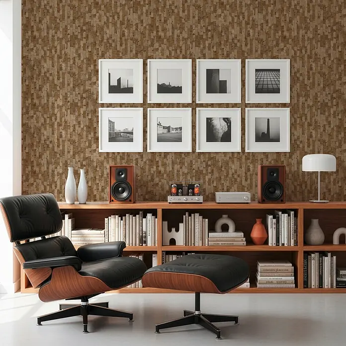 A.S. Création Metropolitan Stories Vibes & Styles Vliestapete Grafik - Braun-Grau, Grafisch, 10,05 x 0,53 m - Braune Korkwandfliesen bedecken eine Akzentwand in einem modernen Wohnzimmer mit Lesesessel und Bücherregal.