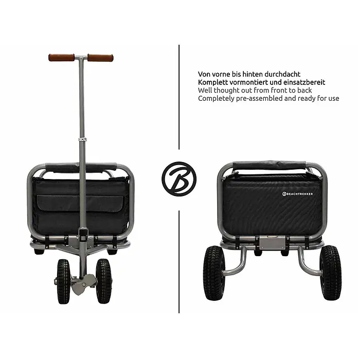 Beachtrekker Bollerwagen faltbarer Bollerwagen Life mit integrierter Feststellbremse Schwarz und Luf - Kunststoff - Grauer Metall-Transportwagen mit schwarzem Stoff und braunen Griffen, von vorne und hinten gezeigt.