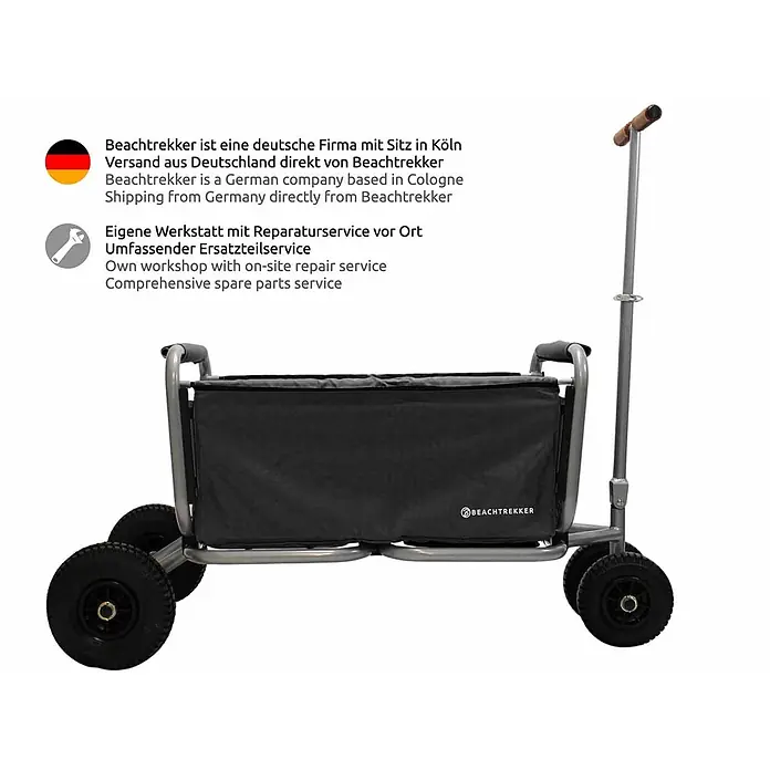 Beachtrekker Bollerwagen faltbarer Bollerwagen Life mit integrierter Feststellbremse Schwarz und Luf - Kunststoff - Grauer Metallrahmen-Strandwagen mit schwarzem Stoffeinsatz, vier großen Rädern und ausziehbarer Griffstange.