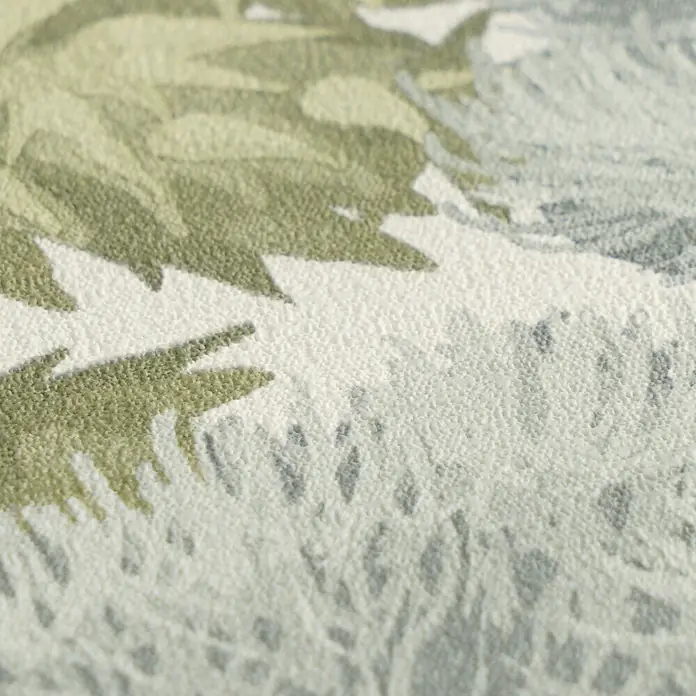 A.S. Création Cuba 2 Vliestapete Natur - Hellgrün-Creme, Floral, 10,05 x 0,53 m - Nahaufnahme eines hellen, strukturierten Stoffes mit mehrfarbigem grün-grauem abstraktem Muster.