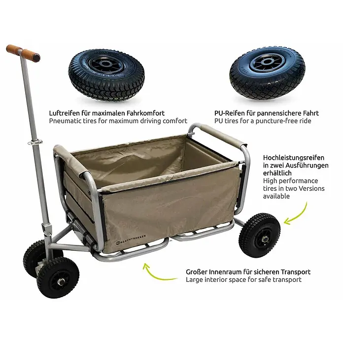 Beachtrekker Bollerwagen faltbarer Bollerwagen Life mit integrierter Feststellbremse Beige und Luftr - Kunststoff - Beiger faltbarer Transportwagen mit silbernem Gestell, zeigt Optionen für Luft- oder pannensichere PU-Reifen und einen großen Innenraum.