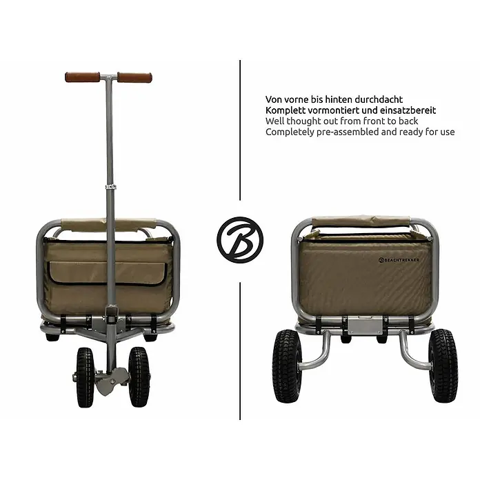 Beachtrekker Bollerwagen faltbarer Bollerwagen Life mit integrierter Feststellbremse Beige und Luftr - Kunststoff - Sandfarbener Strandwagen mit Metallrahmen, stabilen Rädern und verstellbarem Griff, von vorne und hinten gezeigt.