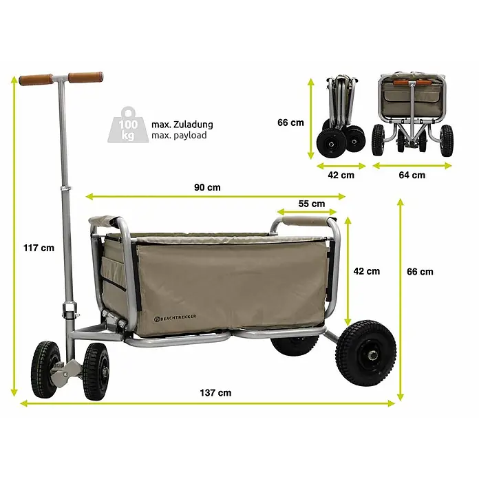 Beachtrekker Bollerwagen faltbarer Bollerwagen Life mit integrierter Feststellbremse Beige und Luftr - Kunststoff - Beiger faltbarer Bollerwagen mit grauem Metallrahmen, zeigt Maße und 100 kg max. Zuladung.