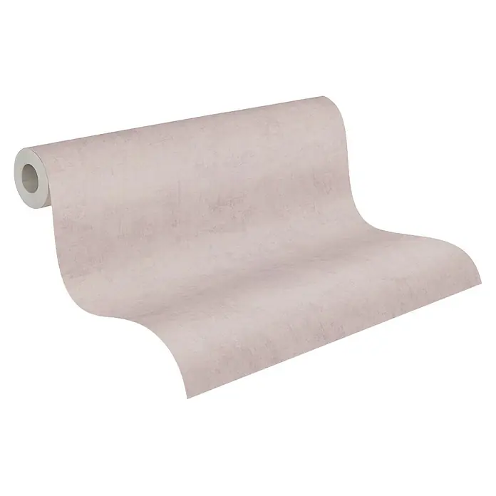 A.S. Création Nordic Feeling Vliestapete Uni - Grau-Lila, Uni, 10,05 x 0,53 m - Texturierte hellbeige Tapetenrolle, teilweise ausgerollt.