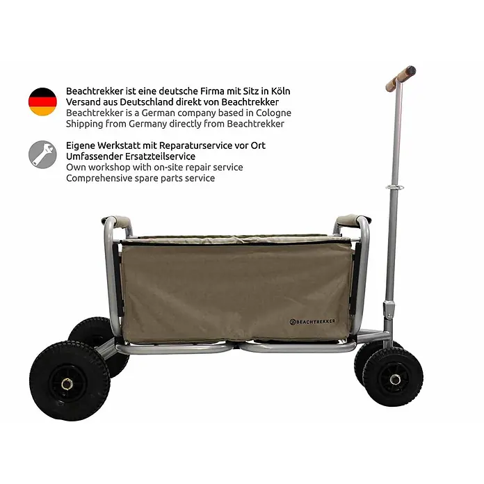 Beachtrekker Bollerwagen faltbarer Bollerwagen Life mit integrierter Feststellbremse Beige und Luftr - Kunststoff - Khakifarbener faltbarer Bollerwagen mit silbernem Metallrahmen, großen schwarzen Rädern und Holzgriff. Ideal für den Outdoor-Transport.
