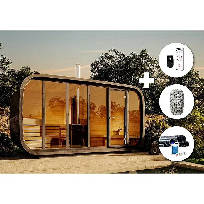 FinnTherm Fasssauna Comfort Set ScandiCube Space - Elektroofen, Holz, L x B x H: 230 x 42 x 230 cm - Moderne Außensauna mit großen Fenstern, dazu Fernbedienung, App, Saunasteine und Abdichtungsset im Garten.