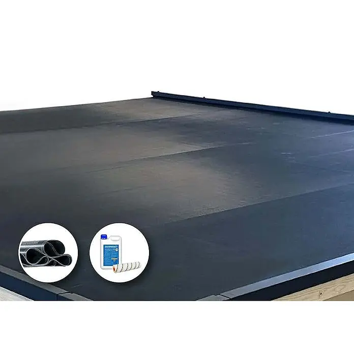 FinnTherm Fasssauna Comfort Set ScandiCube Space - Elektroofen, Holz, L x B x H: 230 x 42 x 230 cm - Dunkelgraues Flachdach mit EPDM-Membran abgedichtet, gezeigt mit Membranrolle, Flüssigkleber und Rolle.