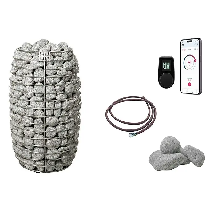 FinnTherm Fasssauna Comfort Set ScandiCube Space - Elektroofen, Holz, L x B x H: 230 x 42 x 230 cm - HUUM Saunaofen mit grauen Steinen, Smart-Controller, mobiler App und Verbindungskabel.