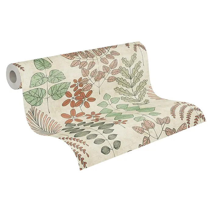 A.S. Création Nordic Feeling Vliestapete Blätter II - Grün-Rot, Uni, 10,05 x 0,53 m - Tapetenrolle mit botanischem Muster aus grünen und terrakottafarbenen Blättern auf hellem Beige.