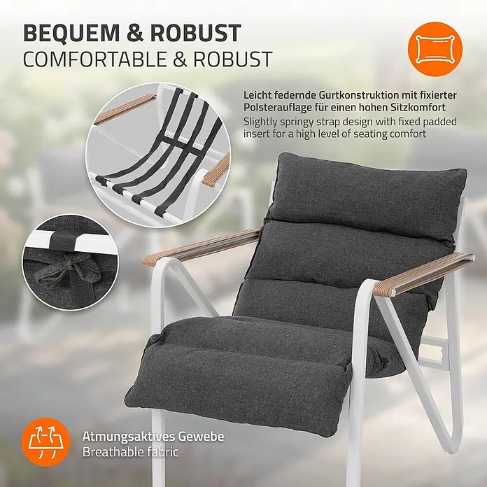 ML-Design Gartenstuhl-Set mit Tisch - 3 Stk., Stahl pulverbeschichtet, kationisches Polyestergewebe, Schaumstoff, Keramikglas, Weiß, Braun - Dunkelgrauer Loungesessel mit weißem Gestell, Holzarmlehnen und gepolsterten, atmungsaktiven Kissen.