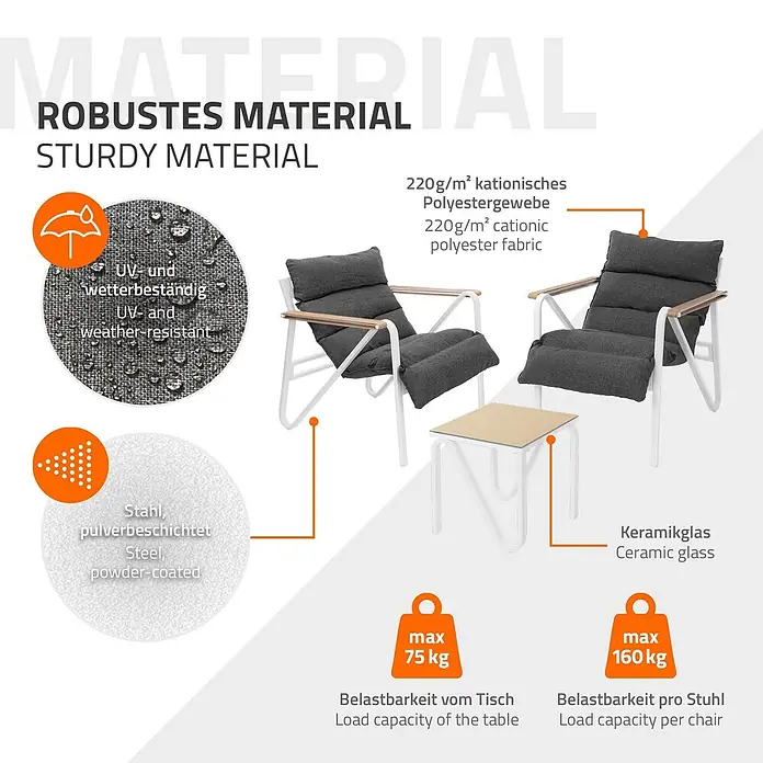 ML-Design Gartenstuhl-Set mit Tisch - 3 Stk., Stahl pulverbeschichtet, kationisches Polyestergewebe, Schaumstoff, Keramikglas, Weiß, Braun - Gartenmöbel-Set mit zwei Stühlen und Tisch, pulverbeschichteter Stahlrahmen, UV-beständige Polyestergewebe-Kissen und Keramikglas-Tischplatte.