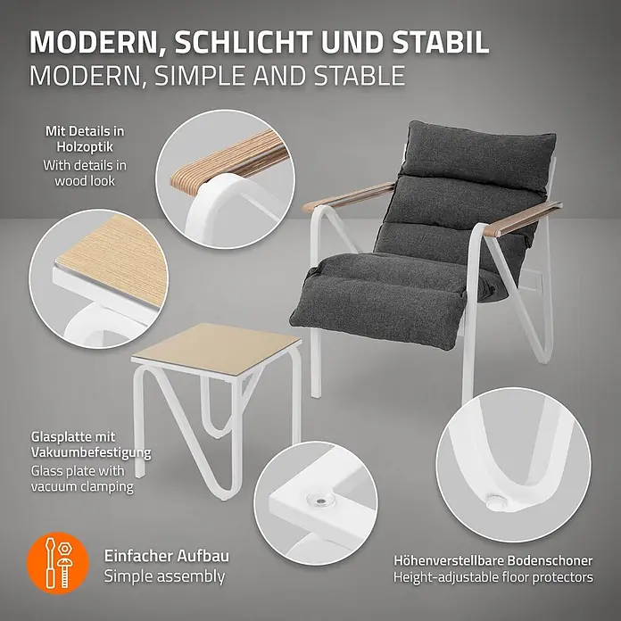 ML-Design Gartenstuhl-Set mit Tisch - 3 Stk., Stahl pulverbeschichtet, kationisches Polyestergewebe, Schaumstoff, Keramikglas, Weiß, Braun - Weißer Metall-Liegestuhl mit dunkelgrauen Polstern und Holzoptik-Armlehnen, dazu ein passender Beistelltisch.