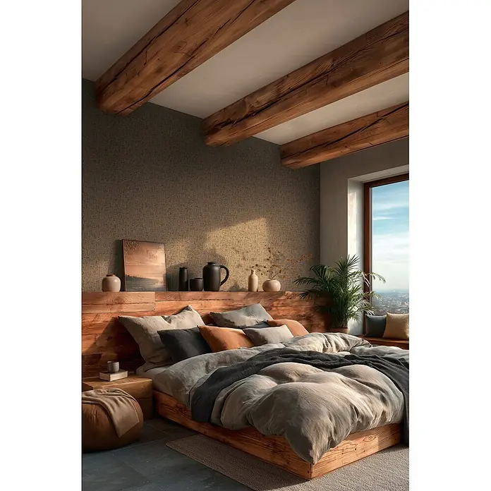 A.S. Création Metropolitan Stories Vibes & Styles Vliestapete Rattan - Orange-Grau, Uni, 10,05 x 0,53 m - Gemütliches Schlafzimmer mit Holzbettrahmen, Kopfteil und Deckenbalken. Natürliche Leinenbettwäsche, strukturierte Wand.