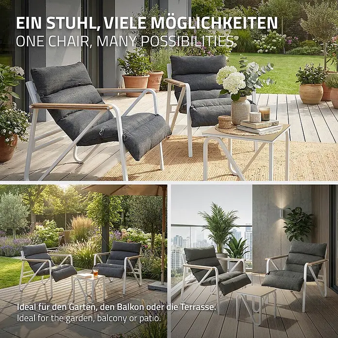 ML-Design Gartenstuhl-Set mit Tisch - 3 Stk., Stahl pulverbeschichtet, kationisches Polyestergewebe, Schaumstoff, Keramikglas, Weiß, Braun - Zwei moderne Outdoor-Loungesessel mit dunkelgrauen Kissen und passendem Beistelltisch, ideal für Garten, Balkon oder Terrasse.