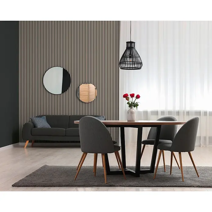 A.S. Création Pintwalls 3 Vliestapete Paneele - Greige-Schwarz, Sonstiges, 10,05 x 0,53 m - Ein modernes Esszimmer mit rundem Holztisch, grauen Stühlen und einer schwarzen Pendelleuchte.