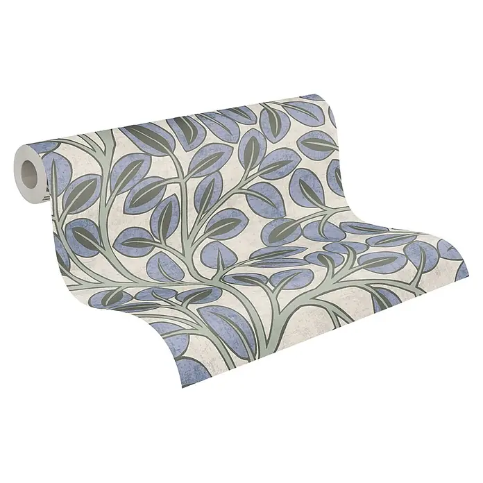 A.S. Création Nordic Feeling Vliestapete Blätter - Blau-Grau, Uni, 10,05 x 0,53 m - Tapetenrolle mit blau-grünem Blattmuster.