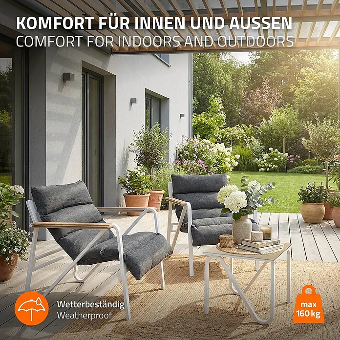 ML-Design Gartenstuhl-Set mit Tisch - 3 Stk., Stahl pulverbeschichtet, kationisches Polyestergewebe, Schaumstoff, Keramikglas, Weiß, Braun - Wetterfeste weiße Stühle mit grauen Kissen & Holzarmlehnen, passender Tisch. Für Innen- und Außenbereich. Max 160 kg.