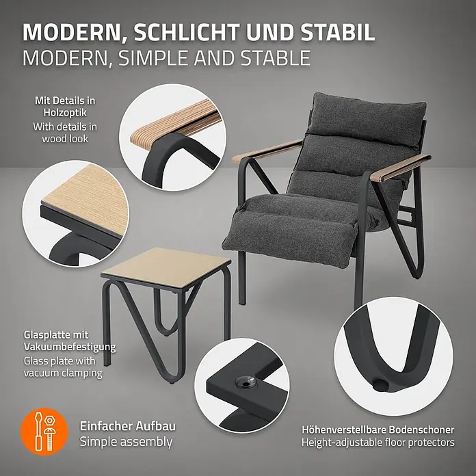 ML-Design Gartenstuhl-Set mit Tisch - 3 Stk., Stahl pulverbeschichtet, kationisches Polyestergewebe, Schaumstoff, Keramikglas, Anthrazit, Braun - Ein Loungesessel mit dunklem Gestell, grauen Polstern und Armlehnen in Holzoptik, dazu ein passender Beistelltisch mit Holzoptik-Platte.
