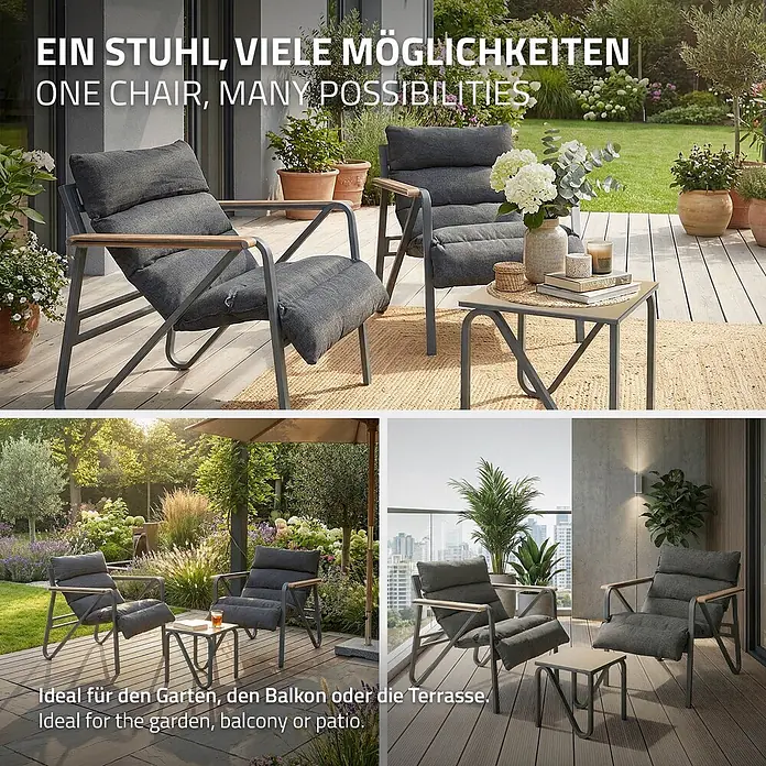 ML-Design Gartenstuhl-Set mit Tisch - 3 Stk., Stahl pulverbeschichtet, kationisches Polyestergewebe, Schaumstoff, Keramikglas, Anthrazit, Braun - Zwei dunkelgraue Gartenstühle mit Holzarmlehnen und Beistelltisch, ideal für Garten, Balkon oder Terrasse.