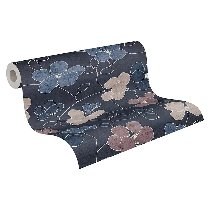 A.S. Création Nordic Feeling Vliestapete Floral - Blau-Grau, Floral, 10,05 x 0,53 m - Dunkelblaue Tapetenrolle mit stilisiertem Blumenmuster in Hellblau, Beige und Lila.