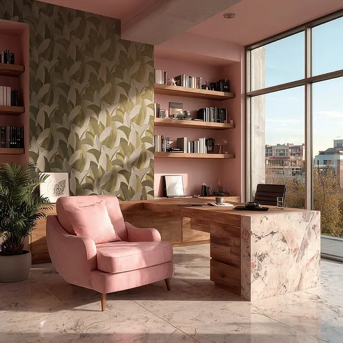 A.S. Création Metropolitan Stories Vibes & Styles Vliestapete Gräser - Grün-Grau, Floral, 10,05 x 0,53 m - Eckschreibtisch mit Holzschubladen und rosafarbener Marmorplatte, in einem sonnigen Büro gelegen.