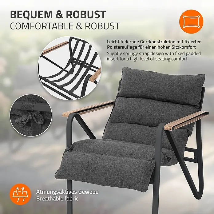ML-Design Gartenstuhl-Set mit Tisch - 3 Stk., Stahl pulverbeschichtet, kationisches Polyestergewebe, Schaumstoff, Keramikglas, Anthrazit, Braun - Robuster, bequemer anthrazitfarbener Polstersessel mit Holzarmlehnen, atmungsaktivem Stoff und federnder Gurtkonstruktion.