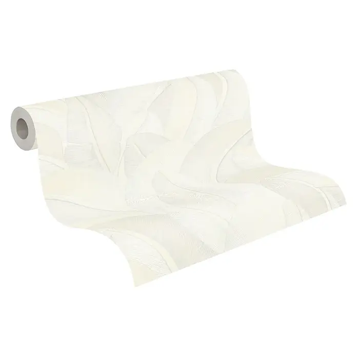 A.S. Création Metropolitan Stories Vibes & Styles Vliestapete Palme - Weiß, Floral, 10,05 x 0,53 m - Cremefarbene Tapetenrolle mit abstraktem, strukturiertem Federndesign, abrollend dargestellt.