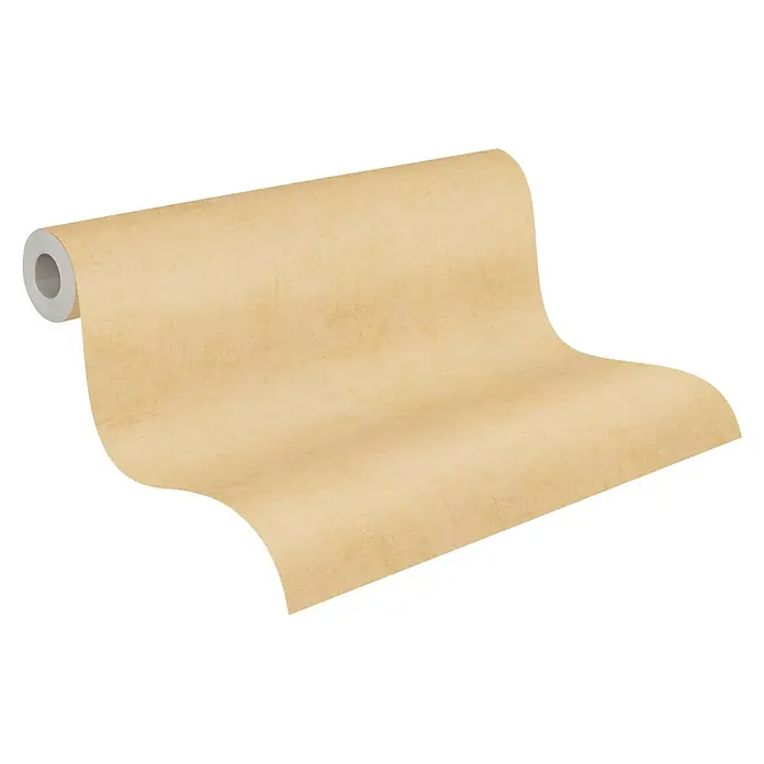 A.S. Création Nordic Feeling Vliestapete Uni - Gelb, Uni, 10,05 x 0,53 m - Eine Rolle texturierte hellbraune Tapete entrollt sich.