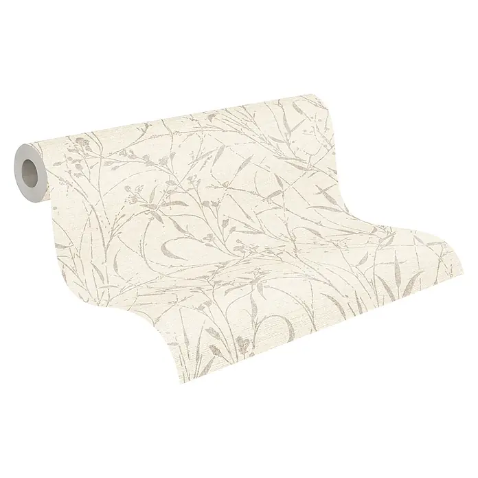 A.S. Création Metropolitan Stories Vibes & Styles Vliestapete Gräser I - Creme, Floral, 10,05 x 0,53 m - Teilweise abgerollte beige Tapetenrolle mit zartem hellbraunem Pflanzenmuster.