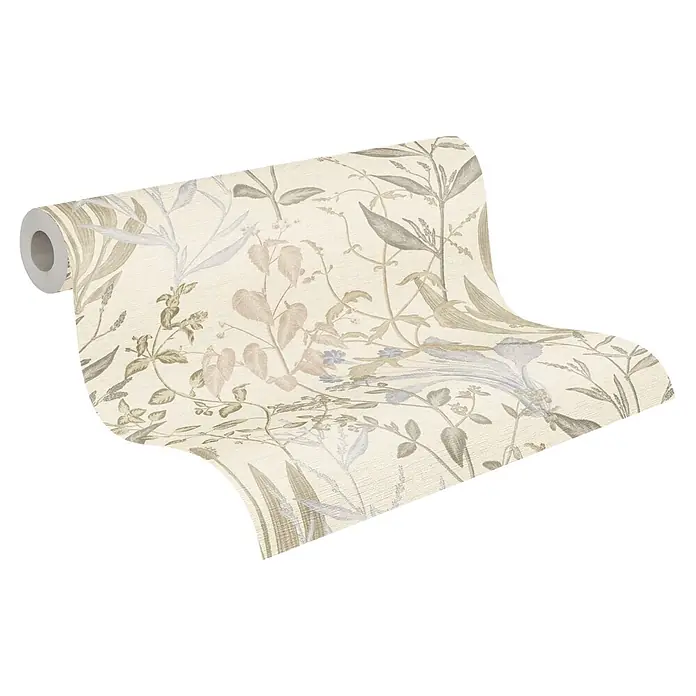 A.S. Création Metropolitan Stories Vibes & Styles Vliestapete Gräser - Creme-Grau, Floral, 10,05 x 0,53 m - Teilweise abgerollte cremefarbene Tapetenrolle mit zartem botanischem Muster in gedämpften Grün-, Braun- und Hellblautönen.
