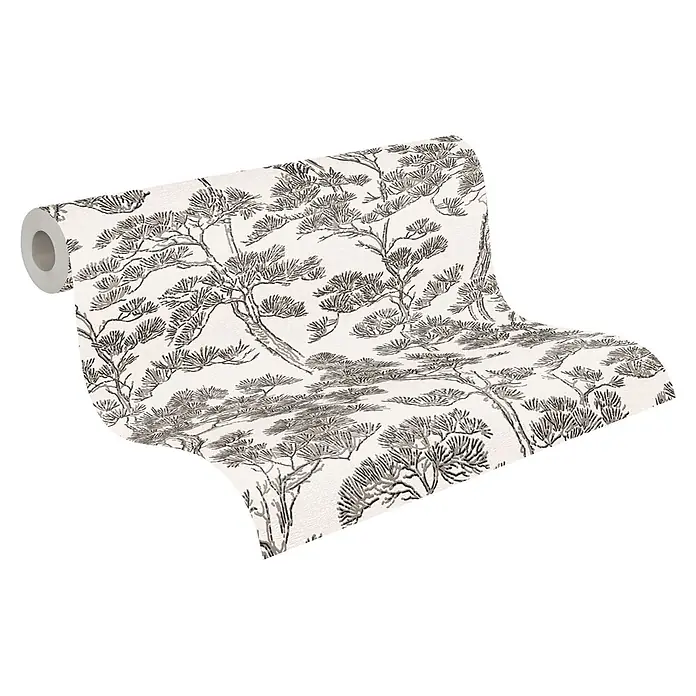 A.S. Création Metropolitan Stories Vibes & Styles Vliestapete Zen - Weiß-Schwarz, Floral, 10,05 x 0,53 m - Cremefarbene Tapetenrolle mit schwarzem Kiefernbaum-Muster, ausgerollt dargestellt.