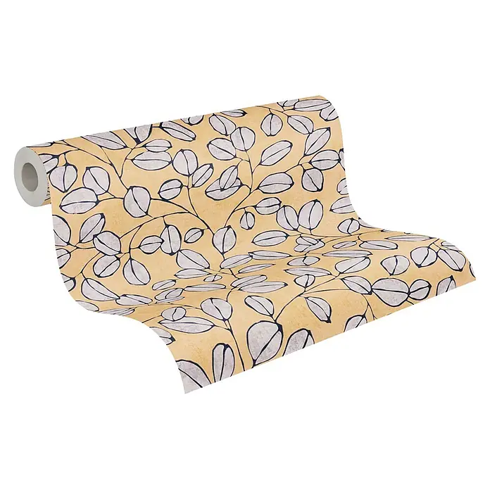 A.S. Création Nordic Feeling Vliestapete Blätter III - Gelb-Blau, Floral, 10,05 x 0,53 m - Teilweise abgerollte gelbe Tapete mit weißem Blattmuster.