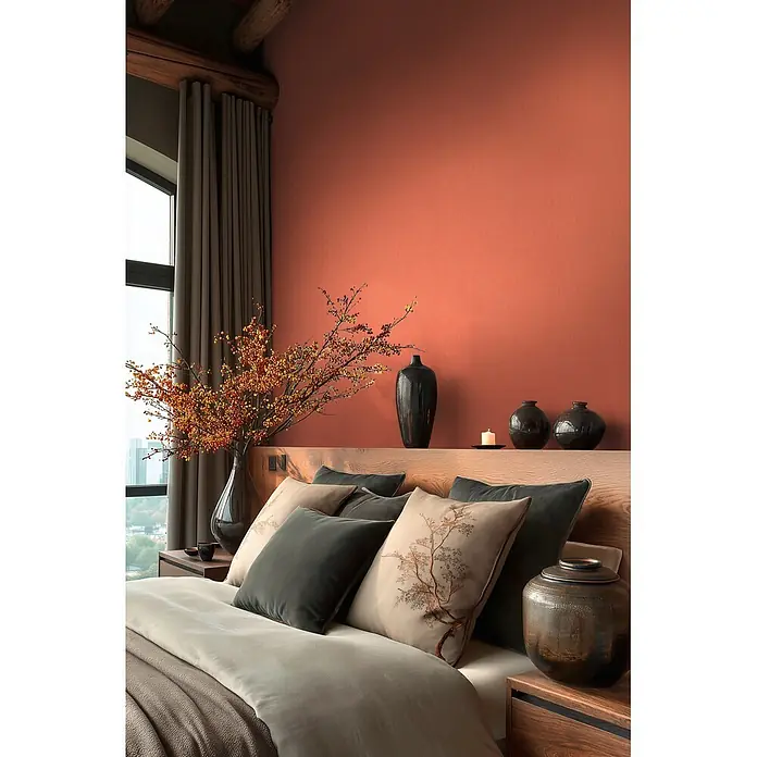 A.S. Création Metropolitan Stories Vibes & Styles Vliestapete Uni III - Rot-Orange, Uni, 10,05 x 0,53 m - Gemütliches Schlafzimmer mit Holzbett, plüschigen Kissen in Erdtönen und einer Terrakotta-Akzentwand. Dekorative Äste setzen natürliche Akzente.