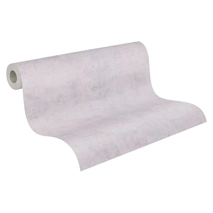 A.S. Création Nordic Feeling Vliestapete Uni - Lila-Blau, Uni, 10,05 x 0,53 m - Strukturierte hellgraue Tapetenrolle, teilweise abgerollt, um ihr Muster zu zeigen.
